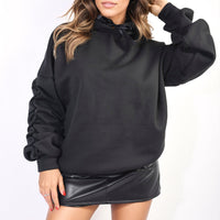 Oversized Hoodie in Dark Green with Ribbon Tie and Ruched Sleeves