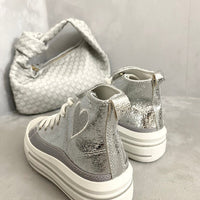 Kids high-top lace-up trainers, metallic silver uppers with white laces and rubber sole