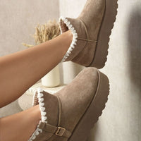 Mushroom brown suede ankle boots with faux fur lining, side buckle strap, and platform sole.