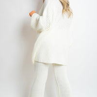 Knitted Co-ord Set in Cream with Cardigan and Wide-Leg Trousers