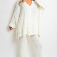 Knitted Co-ord Set in Cream with Cardigan and Wide-Leg Trousers