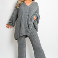 Knitted Co-ord Set in Cream with Cardigan and Wide-Leg Trousers