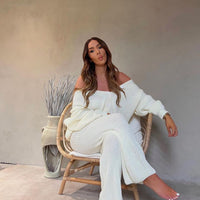 Knitted Co-ord Set in Cream with Cardigan and Wide-Leg Trousers