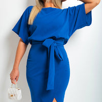 Midi Dress in Royal Blue with Kimono Sleeves and Tie Belt