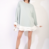 Mint oversized dress top with long sleeves and contrast ruffle hem