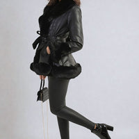 Faux Fur Trim Jacket in Beige with Tie Belt