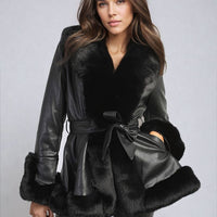 Faux Fur Trim Jacket in Beige with Tie Belt