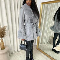 Faux Fur Trim Jacket in Beige with Tie Belt