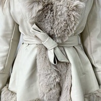 Faux Fur Trim Jacket in Beige with Tie Belt