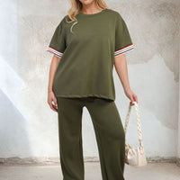 Olive co-ord set with striped sleeve top and wide-leg drawstring trousers