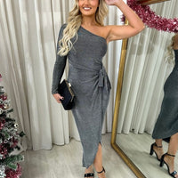 One Shoulder Wrap Front Glitter Midi Dress