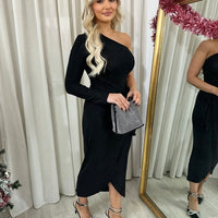 One Shoulder Wrap Front Glitter Midi Dress