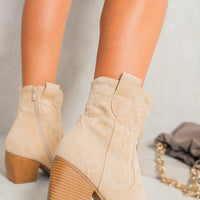 Cream ankle boots with western embroidery, side zipper, and stacked block heel