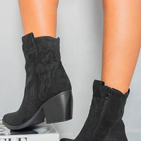 Black suede-look ankle boots with pull tab, stitched pattern, and chunky heel