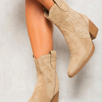 Camel suede ankle boots, front view, western stitching and stacked block heel