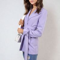 Lilac belted blazer jacket with V-neck collar and cuff tie sleeves