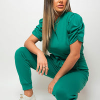 Co-ord Set in Khaki with Ruched Sleeve Top and Joggers