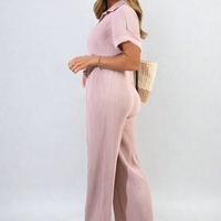 Pleated Jumpsuit in Khaki with Tie Waist and Wide Legs
