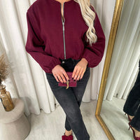 Cropped Bomber Jacket in Wine with Balloon Sleeves