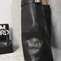 Skirted Fold Over Buckle Pointed Toe High Boots