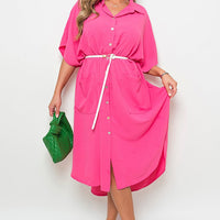 Fuchsia button-down collared midi dress with two front pockets and white belt tie