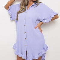 Button Down Oversized Ruffle Short Sleeve Mini Dress