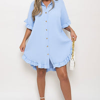 Button Down Oversized Ruffle Short Sleeve Mini Dress