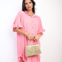 Button Down Oversized Ruffle Short Sleeve Mini Dress