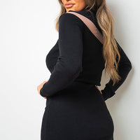 Ribbed Mini Dress in Black with High Neck and Long Sleeves