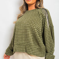 Knitted Jumper in Khaki with Check Pattern and Shoulder Tassels