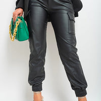 High Waisted Faux Leather Cargo Trousers