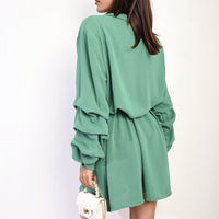 Shirt Dress in Green with Gathered Long Sleeves