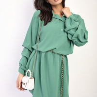 Shirt Dress in Green with Gathered Long Sleeves