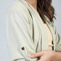 Light sage open-front cardigan with rolled sleeves and round button detail
