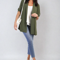 Draped olive green open-front cardigan with rolled sleeves and relaxed silhouette