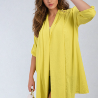 Yellow open-front cardigan with roll-up sleeves and relaxed, draped hem