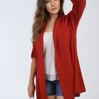 Red open-front cardigan with rolled sleeves and long draped hem