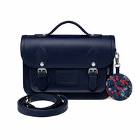 Floral Lined Leather Midi Satchel - Navy-3