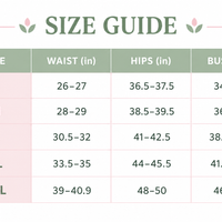 One-piece swimsuit size guide chart with waist, hips, and bust measurements by size