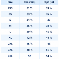 Bandeau bikini size chart table with chest and hip measurements
