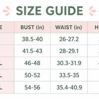 Plus-size swim set size guide chart with bust, waist, and hip measurements
