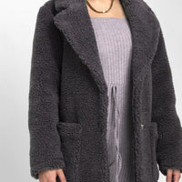 Oversized Teddy Coat with Lapels and Popper Fastening