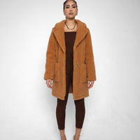 Oversized Teddy Coat with Lapels and Popper Fastening