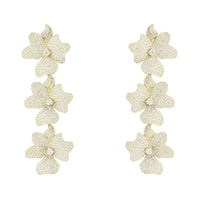 Gold jasmine flower triple drop earrings, three glittered blossoms with sparkling centers