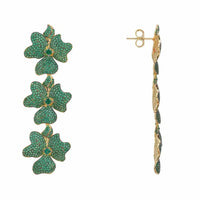Triple drop flower earrings, green enamel, gold-tone stud backs and posts