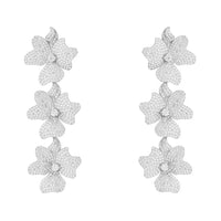 Silver triple drop flower earrings with textured jasmine-style petals