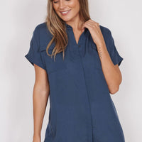 Navy short-sleeve utility shirt with relaxed fit, button-front and chest pockets