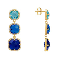 Pair of gold-tone blue drop earrings with three faceted stones each