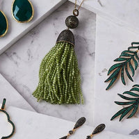 Latelita emerald green CZ drop earrings with matching beaded tassel