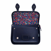 Floral Lined Leather Midi Satchel - Navy-2